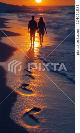 Couple enjoys a romantic stroll on the beach at sunset surrounded by golden waves 124011081