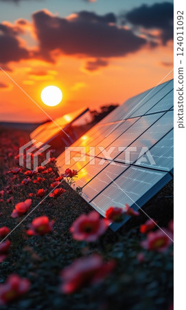 Futuristic solar farm at sunset showcasing dynamic solar panel alignment 124011092