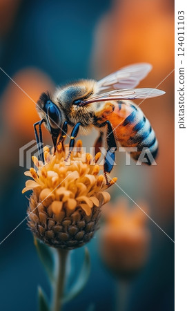 Bee gathers pollen from vibrant flower in a sunny garden 124011103