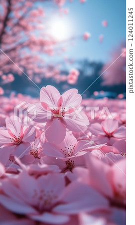 Cherry trees bloom beautifully under warm sunlight with petals scattered on the ground 124011245