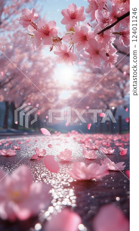 Cherry trees in full bloom create a magical atmosphere on a sunny day 124011246