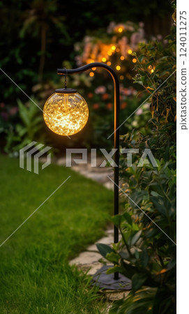 Solar glass ball light adorns garden with warm glow from a shepherd's hook 124011275