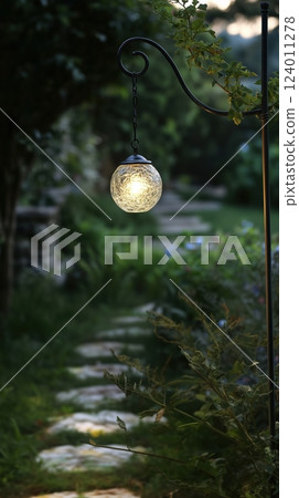 Beautiful solar glass ball light illuminates garden path on a shepherd's hook in evening 124011278