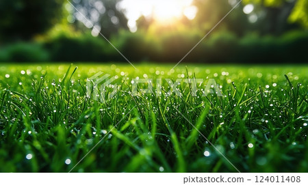 Fresh green grass adorned with dewdrops in the early morning light creates a serene atmosphere 124011408