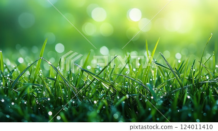 Fresh green grass with dewdrops sparkling in the early morning sunlight 124011410