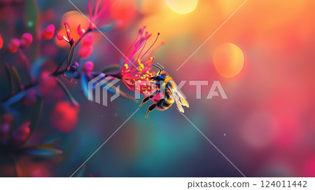 Bee collecting pollen from a vibrant flower during the golden hour of a warm day Bee collecting pollen from a vibrant flower during the golden hour of a warm day 124011442