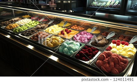Vibrant display of gelato flavors in a modern ice cream parlor with bright lighting Vibrant display of gelato flavors in a modern ice cream parlor with bright lighting 124011491