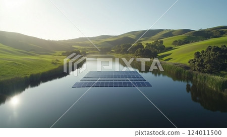 Solar panels float on a calm lake reflecting lush green hills and clear blue skies 124011500
