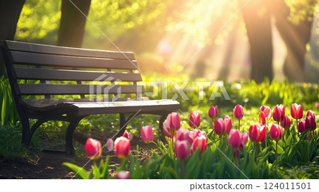 Wooden bench surrounded by colorful tulips and green grass in a sunlit park during spring 124011501