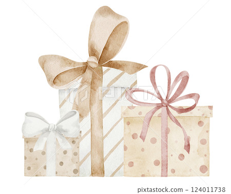 Watercolor illustration of three Gift boxes with pastel Bows and Ribbons for birthday greeting cards designs or holiday invitation cards. Drawing of Presents in pastel beige colors for party. Watercolor illustration of three Gift boxes with pastel Bows and Ribbons for birthday greeting cards designs or holiday invitation cards. Drawing of Presents in pastel beige colors for party. 124011738