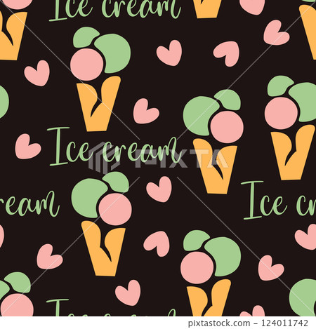Seamless pattern ice cream balls in a waffle cone 124011742