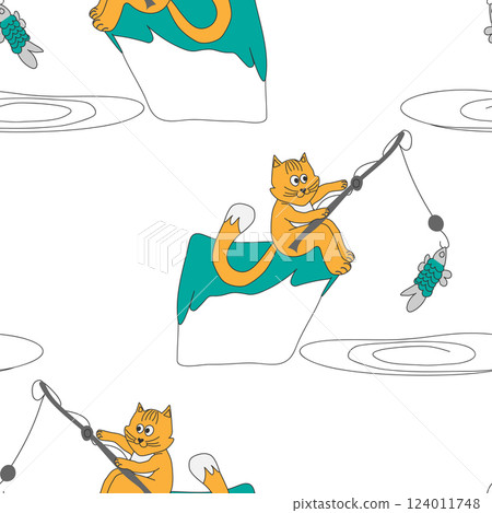 Seamless pattern red cat fisherman 124011748