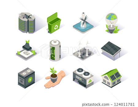 Clean energy isometric icon set. Ecology environment and electricity generation. Alternative sources, wind and solar energy production, tidal power station. Renewable energy 3d isometry illustration. 124011781