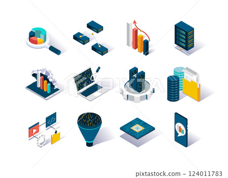 Big data isometric icons set. Data collection, storage in cloud database and analysis. Computer technology and scientific methods and algorithms. Data analysis 3d isometry illustration. 124011783