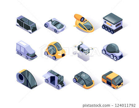 Autonomous vehicles isometric icons set. Futuristic self-driving car, taxi cab, bus, fly copter and truck. Artificial intelligence and smart technology in transportation 3d isometry illustration. 124011792