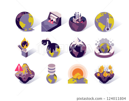 Global warming and pollution isometric icons set. Greenhouse effect, melting glaciers, forest fires and eruption volcano. Ecology problem, industrial air and water 3d isometry illustration. 124011804