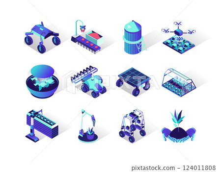 Agriculture robotisation isometric icons set. Growing seedling, hydroponic, spray chemical and harvesting automation. Smart robotic farmers in agriculture, technology 3d isometry illustration. Agriculture robotisation isometric icons set. Growing seedling, hydroponic, spray chemical and harvesting automation. Smart robotic farmers in agriculture, technology 3d isometry illustration. 124011808