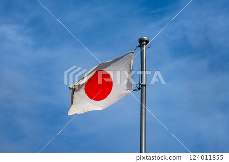 Blue sky and the Japanese flag fluttering in the wind Blue sky and the Japanese flag fluttering in the wind 124011855