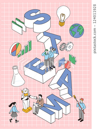 描繪 STEAM 教育和兒童未來教育的等距插圖 124011928