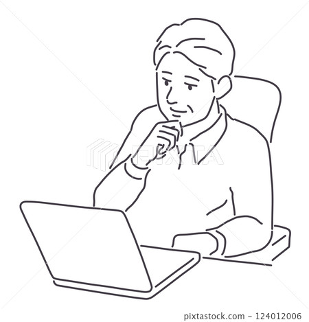 Middle-aged man with hand on chin in front of laptop computer, lines only 124012006