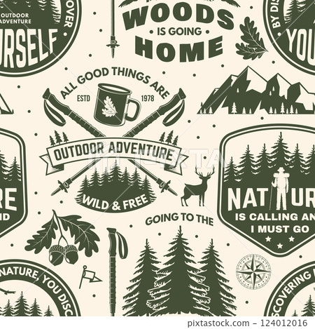 Outdoor adventure seamless pattern with emblems, logos. Background, wallpaper, seamless pattern with oak leaf and acorns, hiking boot, pin forest, coffee or tea mug, hiking poles. Vector. Outdoor adventure seamless pattern with emblems, logos. Background, wallpaper, seamless pattern with oak leaf and acorns, hiking boot, pin forest, coffee or tea mug, hiking poles. Vector. 124012016