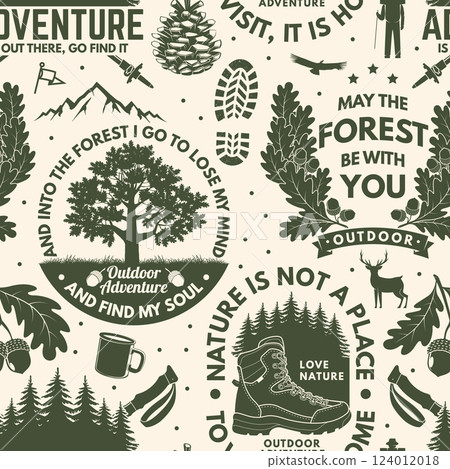 Outdoor adventure seamless pattern with emblems, logos. Background, wallpaper, seamless pattern with oak leaf and acorns, hiking boot, pin forest, coffee or tea mug, hiking poles. Vector. Outdoor adventure seamless pattern with emblems, logos. Background, wallpaper, seamless pattern with oak leaf and acorns, hiking boot, pin forest, coffee or tea mug, hiking poles. Vector. 124012018