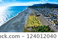 Aerial shot of the vast shingle beach of Shichiri-Mihama (Mihama Town, Mie Prefecture) in Kumano taken with a drone 124012040