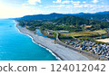 Aerial shot of the vast shingle beach of Shichiri-Mihama (Mihama Town, Mie Prefecture) in Kumano taken with a drone 124012042
