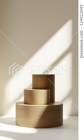 Three stacked round wooden podiums in a minimalistic arrangement for product display 124012043