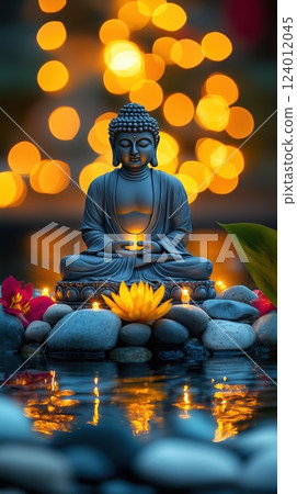 Buddha statue in lotus position on water surrounded by stones and flowers with bokeh lights 124012045