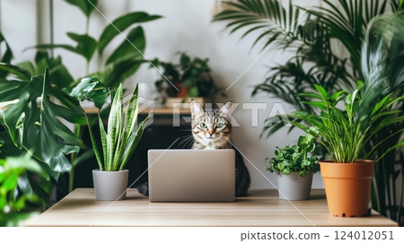 Cat enjoys a sunny spot on a table in a modern home office filled with indoor plants 124012051