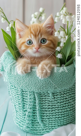 Ginger kitten nestled in a green basket surrounded by flowers on a pastel mint background 124012098