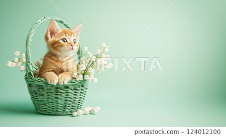 Ginger kitten sitting in a green basket with flowers in a pastel setting for Easter 124012100
