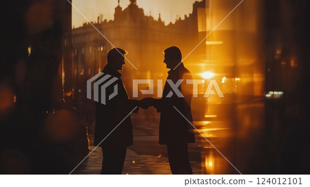 Businessmen shaking hands with city background during sunset 124012101