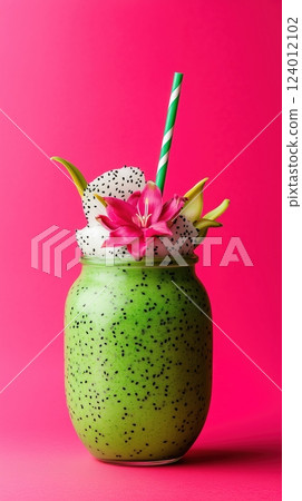 Refreshing green smoothie served in a jar with dragon fruit flowers against a bright pink background Refreshing green smoothie served in a jar with dragon fruit flowers against a bright pink background 124012102