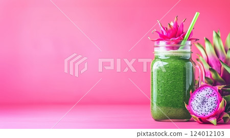 Refreshing green smoothie with dragon fruit flowers on a vibrant pink background Refreshing green smoothie with dragon fruit flowers on a vibrant pink background 124012103