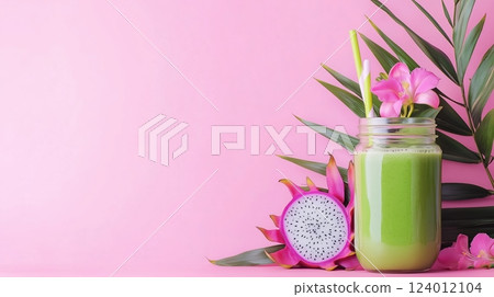 Refreshing green smoothie with tropical flowers on a vibrant pink background 124012104