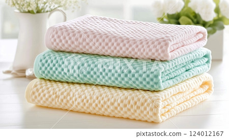 Three stacked pastel-colored towels showcasing soft textures and warm lighting 124012167