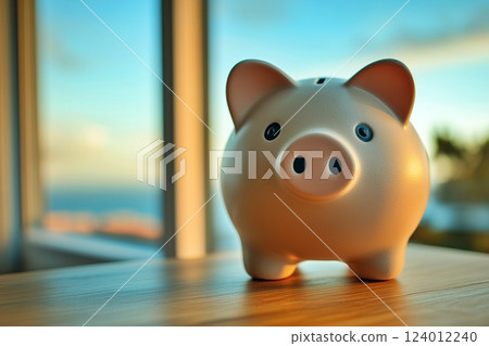 Scenery of a piggy bank placed on a desk by the window 124012240