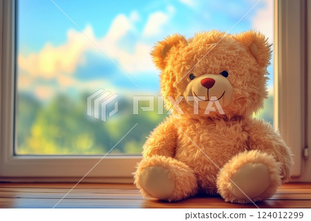 靠窗的桌子上有一隻泰迪熊 124012299