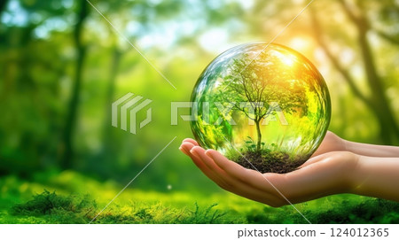 Hand holding a small plant against a lush green nature background for World Environment Day Hand holding a small plant against a lush green nature background for World Environment Day 124012365