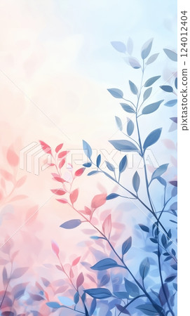 Pastel pink and blue background with holographic leaves for creative projects and designs 124012404