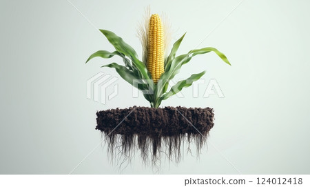 Vibrant corn cob with green leaves and soil displayed against a light background 124012418