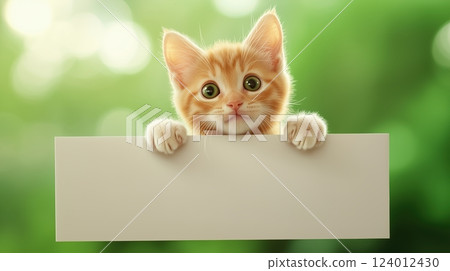 Cute kitten peeks over a blank banner with curiosity in a soft green setting 124012430