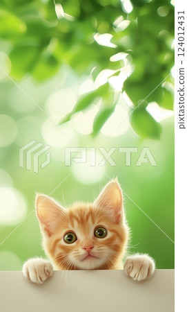 Cute kitten peeking over a white banner with green bokeh background and expressive eyes 124012431