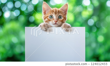 Cute kitten peeks over white banner with paws on edge against green bokeh background 124012433