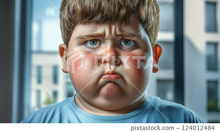Portrait of an expressive young boy in a modern apartment setting, showcasing vibrant colors 124012484