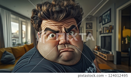 Portrait of a plump man with big cheeks in a modern apartment setting 124012495