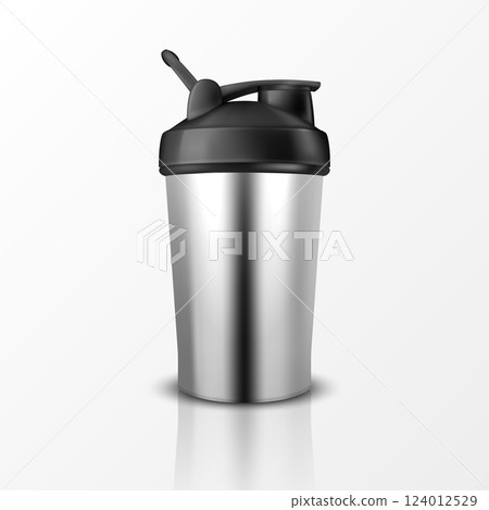 Vector Realistic 3D Empty Glossy Shaker Bottle With Black Cap for Fitness Sports Nutrition Supplement Workout Hydration Closeup Isolated. Packaging Mockup Design Template 124012529
