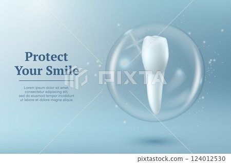 Protect Your Smile. Vector 3D Realistic Tooth in a Protective Bubble Isolated on a Blue Background. Design Template, Clipart, Mockup. Dentistry, Healthcare, Medical, Hygiene, Protection Concept Protect Your Smile. Vector 3D Realistic Tooth in a Protective Bubble Isolated on a Blue Background. Design Template, Clipart, Mockup. Dentistry, Healthcare, Medical, Hygiene, Protection Concept 124012530